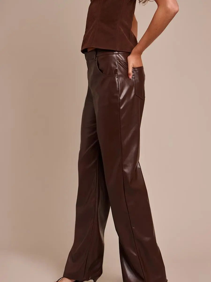 Chocolate Faux Leather Straight Leg Pants laseze
