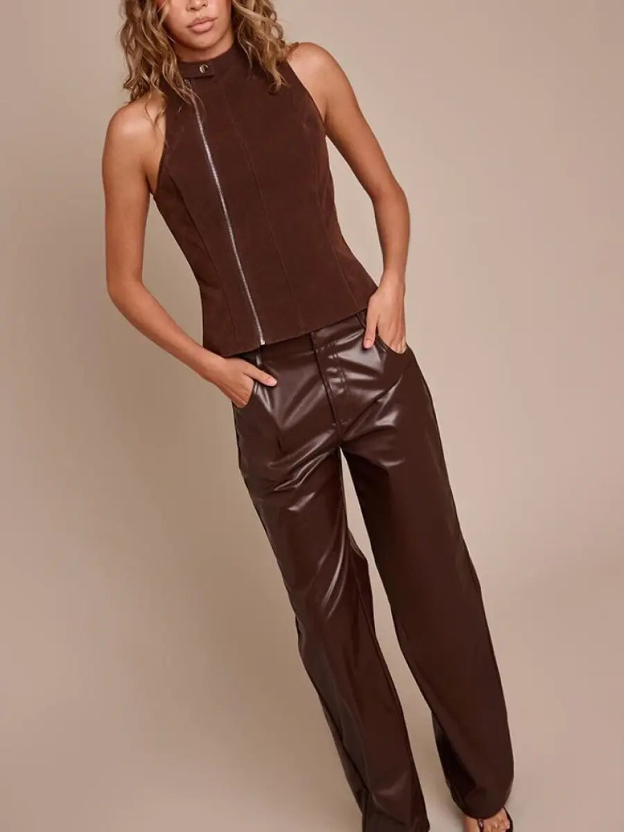 Chocolate Faux Leather Straight Leg Pants laseze