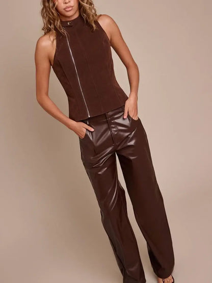 Chocolate Faux Leather Straight Leg Pants laseze