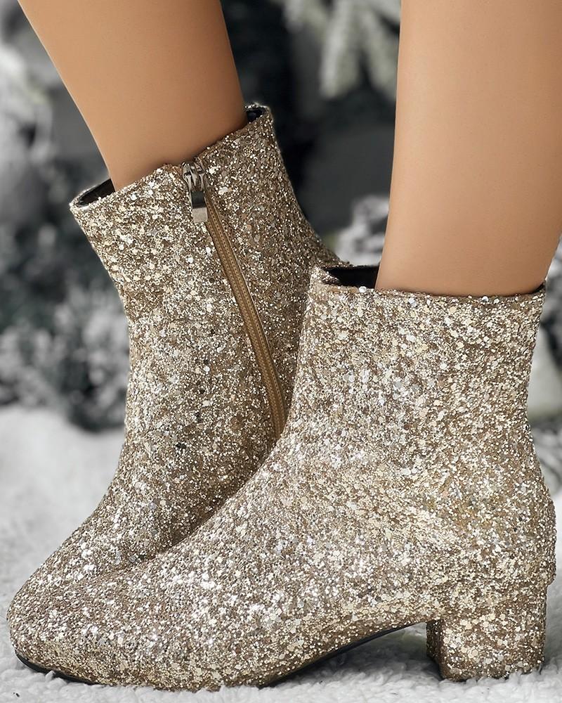 Christmas Glitter Side Zipper Chunky Heel Sequin Ankle Boots - laseze