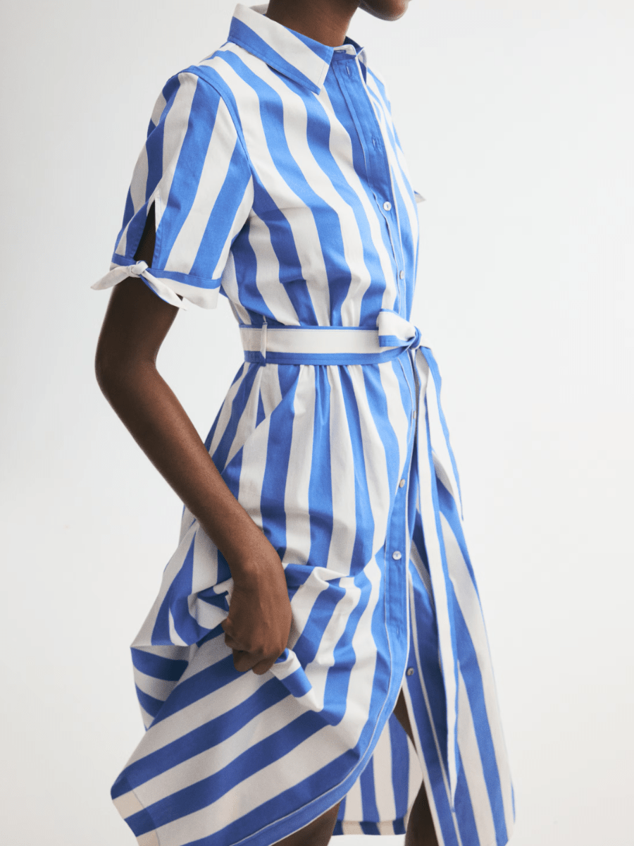 Coastal Charm | Bold Striped Tie-Waist Midi Shirt Dress - laseze