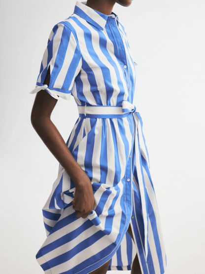 Coastal Charm | Bold Striped Tie-Waist Midi Shirt Dress - laseze