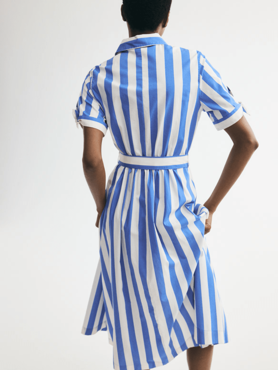 Coastal Charm | Bold Striped Tie-Waist Midi Shirt Dress - laseze