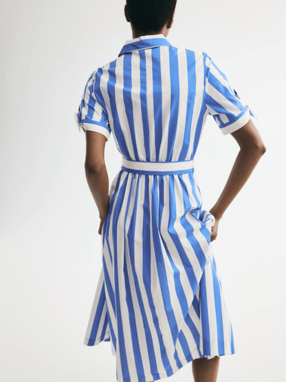 Coastal Charm | Bold Striped Tie-Waist Midi Shirt Dress - laseze