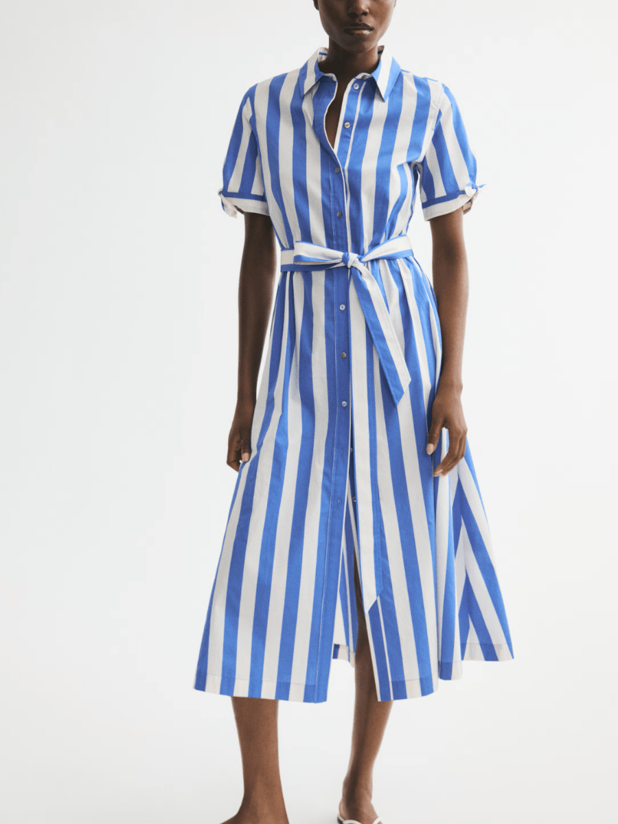 Coastal Charm | Bold Striped Tie-Waist Midi Shirt Dress - laseze