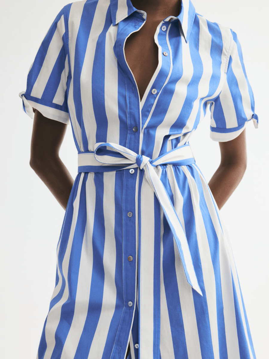 Coastal Charm | Bold Striped Tie-Waist Midi Shirt Dress - laseze