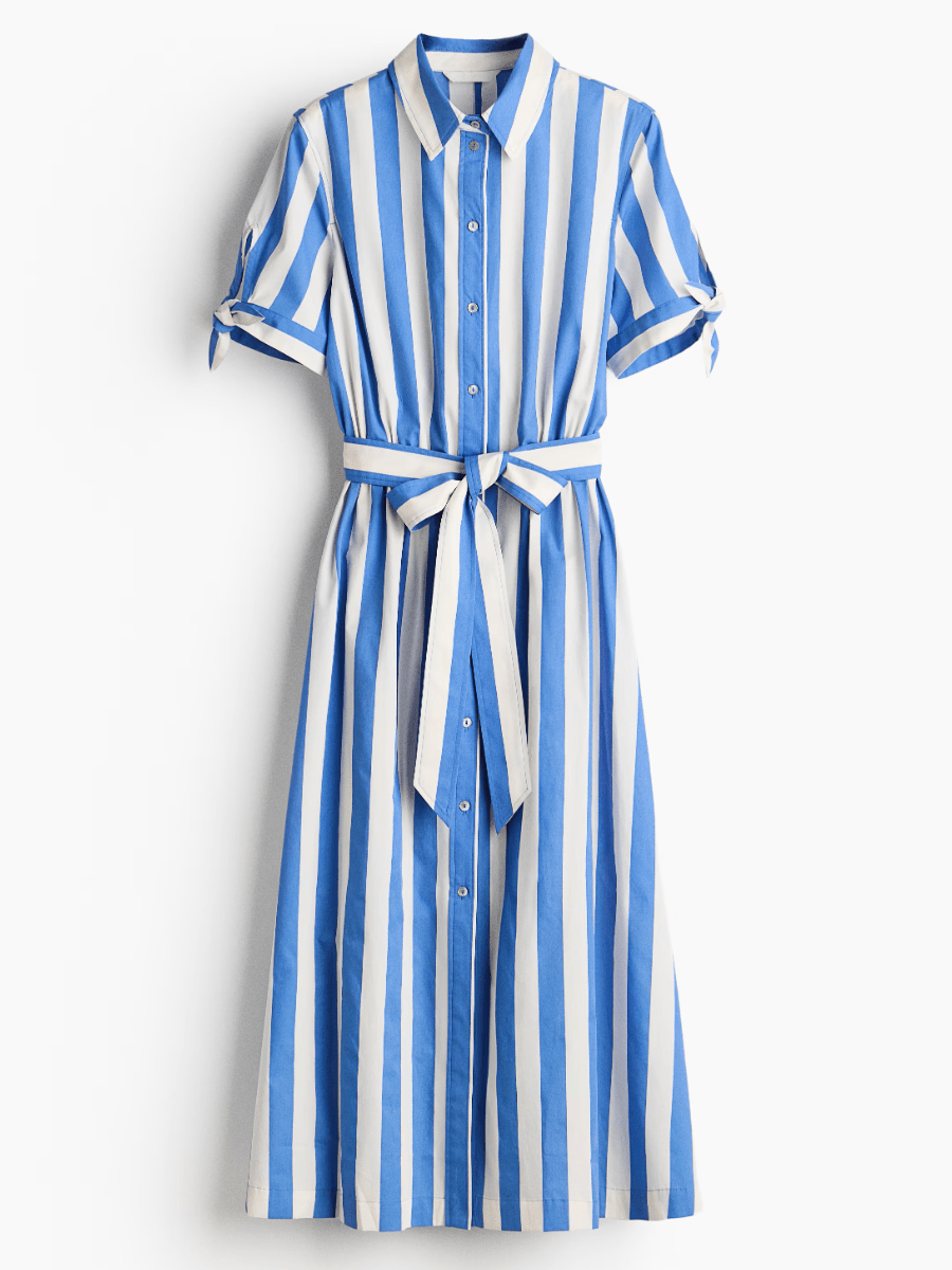 Coastal Charm | Bold Striped Tie-Waist Midi Shirt Dress - laseze