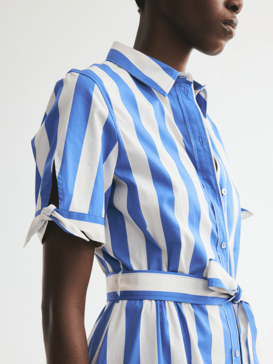 Coastal Charm | Bold Striped Tie-Waist Midi Shirt Dress - laseze