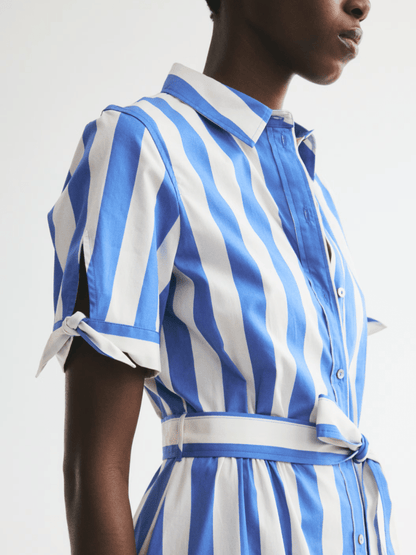 Coastal Charm | Bold Striped Tie-Waist Midi Shirt Dress - laseze