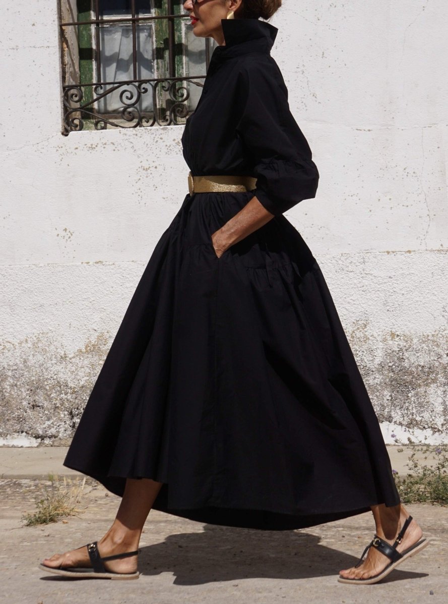 Collar Solid Color Dress - laseze