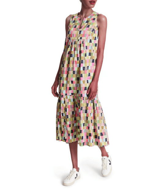 Colorfield Print Split V - Neck Sleeveless Ruffle Dress - laseze