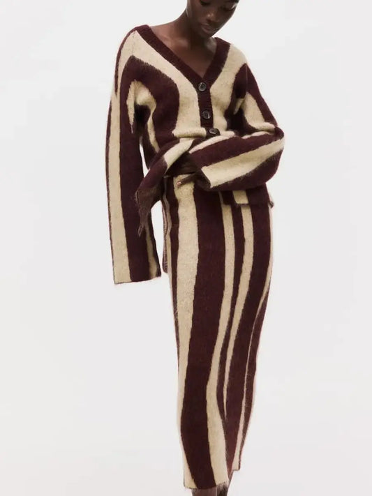 Contrast Color Coarse Stripe V - Neck Skirt Set - laseze
