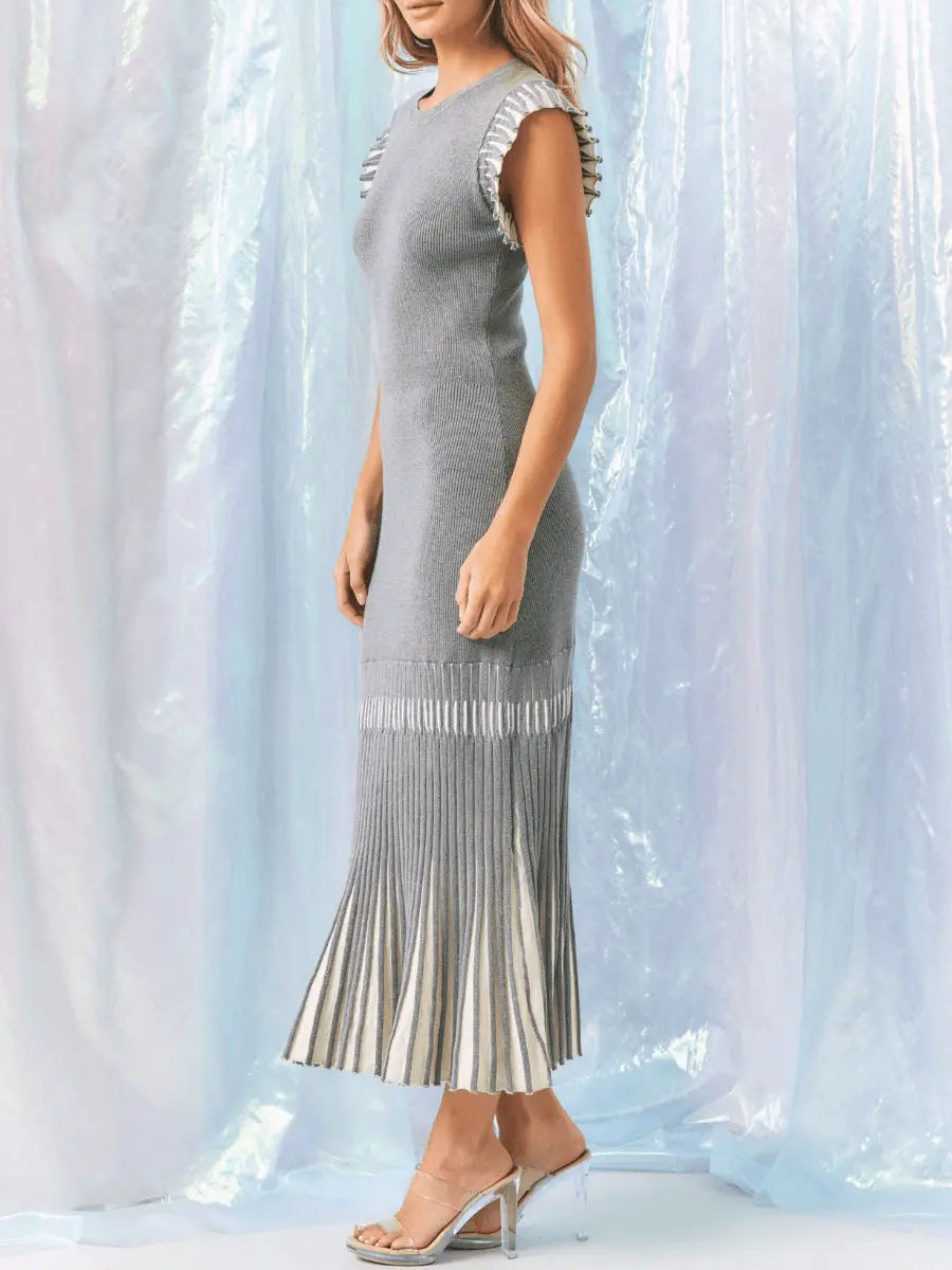 Contrast Pleated Skirt Ruffled Cuffed Dress - laseze