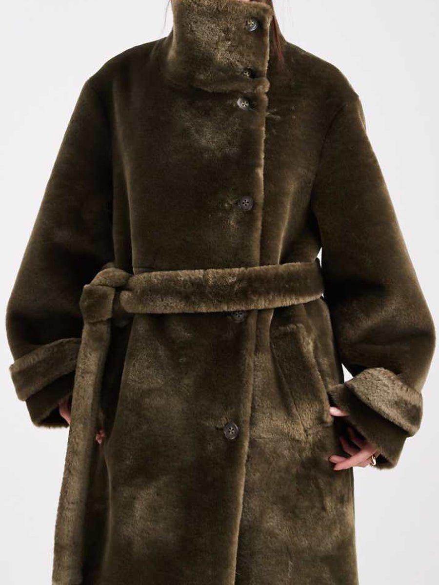 Cozy Teddy Funnel Neck Button Placket Coat fashgoods