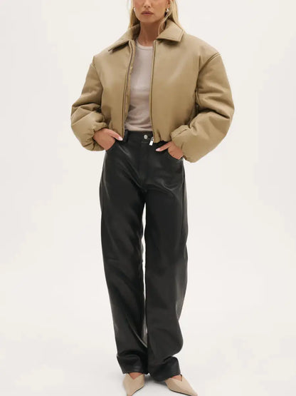 Cropped Boxy Faux Leather Puffer Jacket - laseze