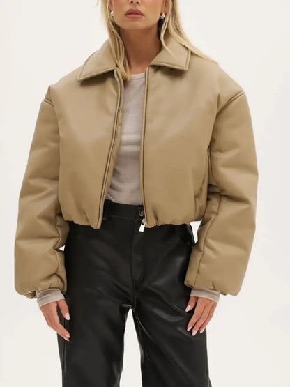 Cropped Boxy Faux Leather Puffer Jacket - laseze
