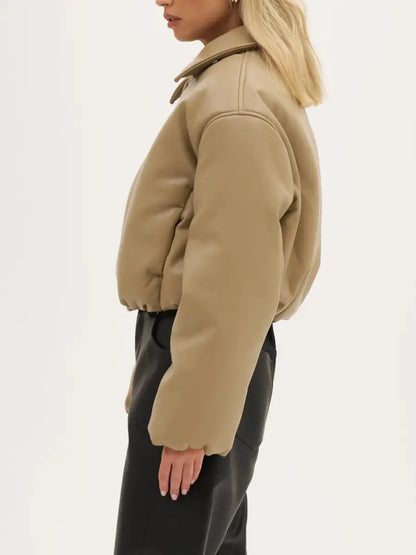 Cropped Boxy Faux Leather Puffer Jacket - laseze