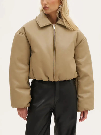 Cropped Boxy Faux Leather Puffer Jacket - laseze