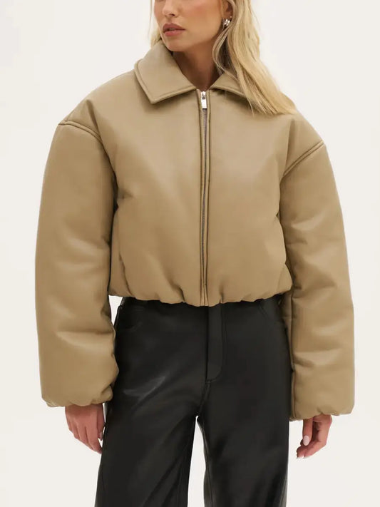 Cropped Boxy Faux Leather Puffer Jacket - laseze