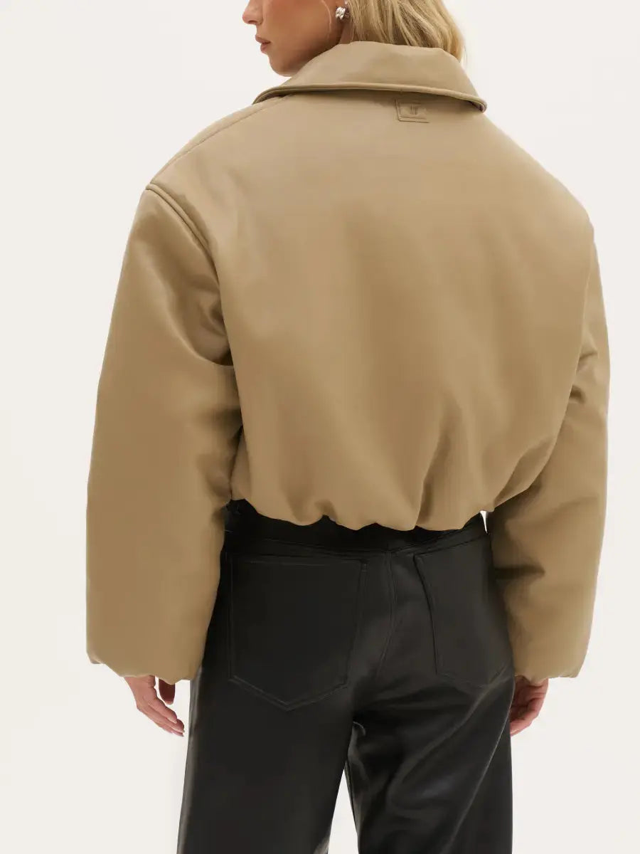Cropped Boxy Faux Leather Puffer Jacket - laseze