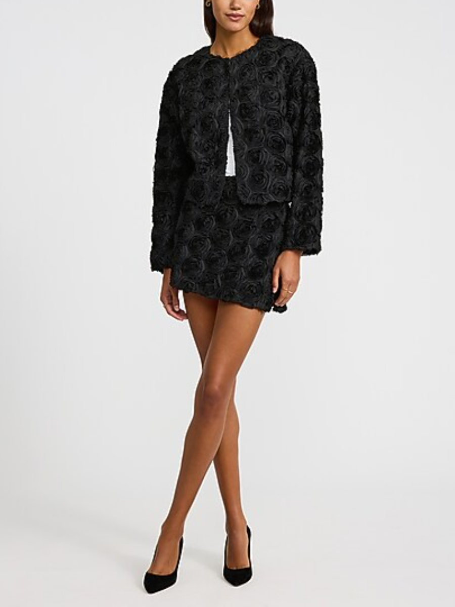 Black 3D Rose Textured Cropped Jacket & Mini Skirt Set