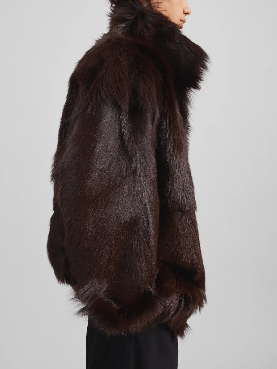 Dark Brown Button-Front Faux Fur Oversized Coat laseze