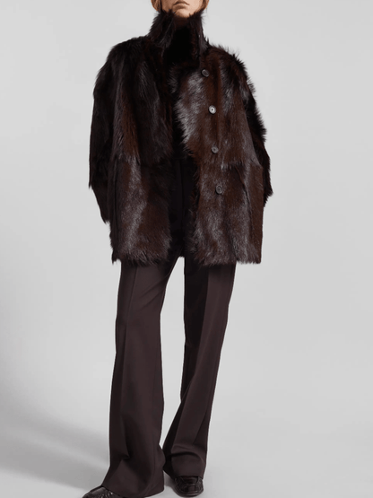 Dark Brown Button-Front Faux Fur Oversized Coat laseze