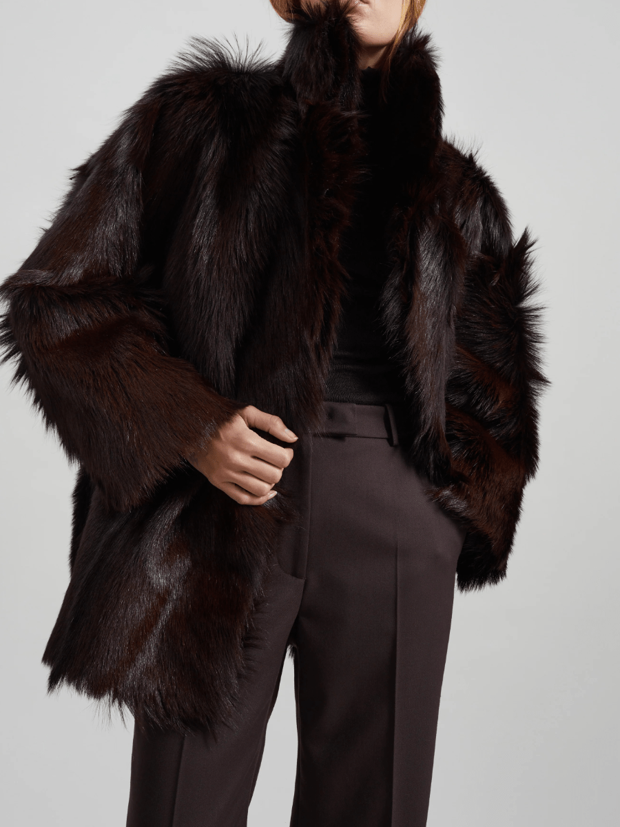 Dark Brown Button-Front Faux Fur Oversized Coat laseze