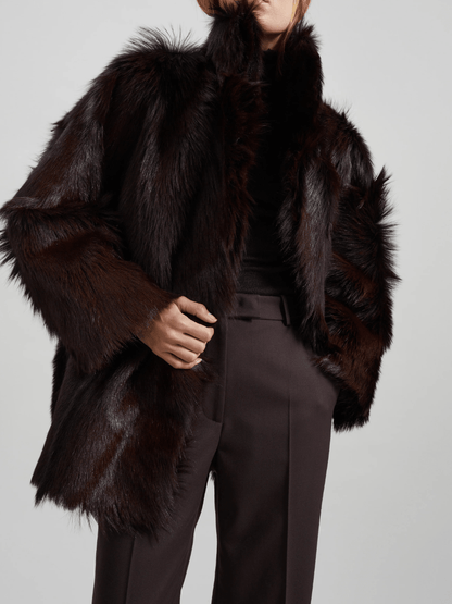 Dark Brown Button-Front Faux Fur Oversized Coat laseze