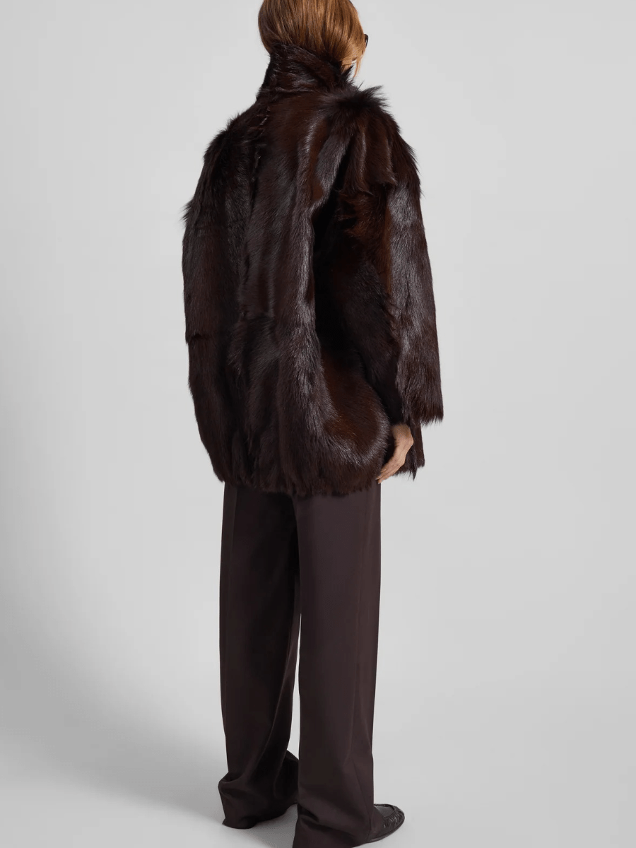 Dark Brown Button-Front Faux Fur Oversized Coat laseze