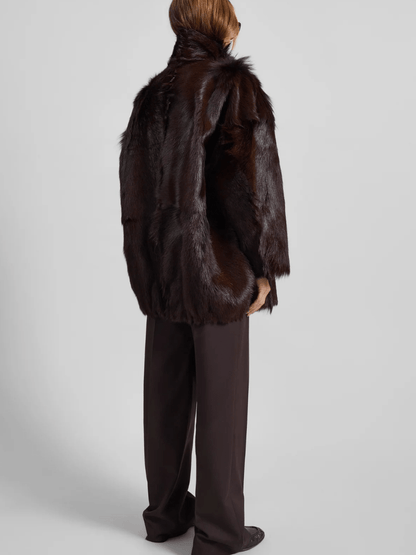 Dark Brown Button-Front Faux Fur Oversized Coat laseze