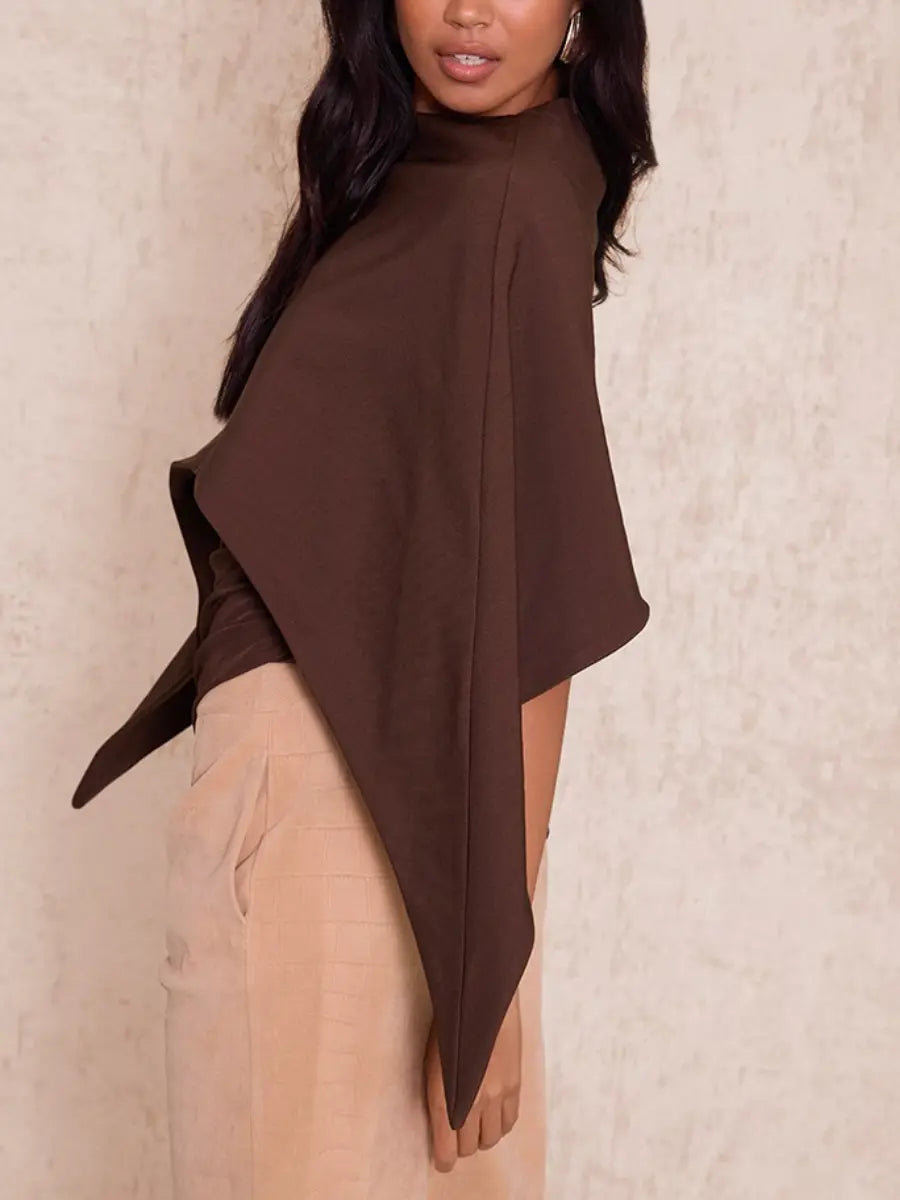 Dark Chocolate Woven Cape Detail Ruched Long Top laseze