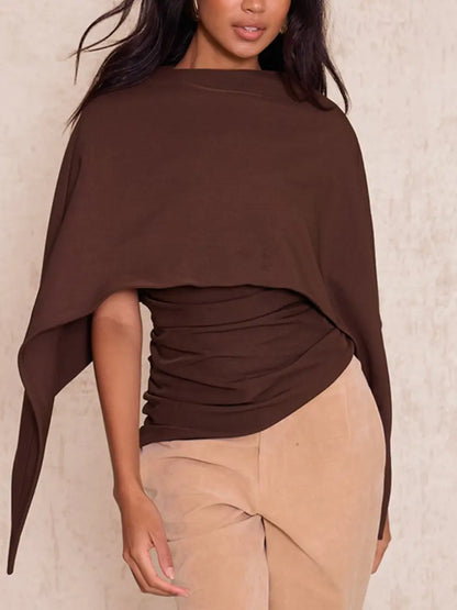 Dark Chocolate Woven Cape Detail Ruched Long Top laseze