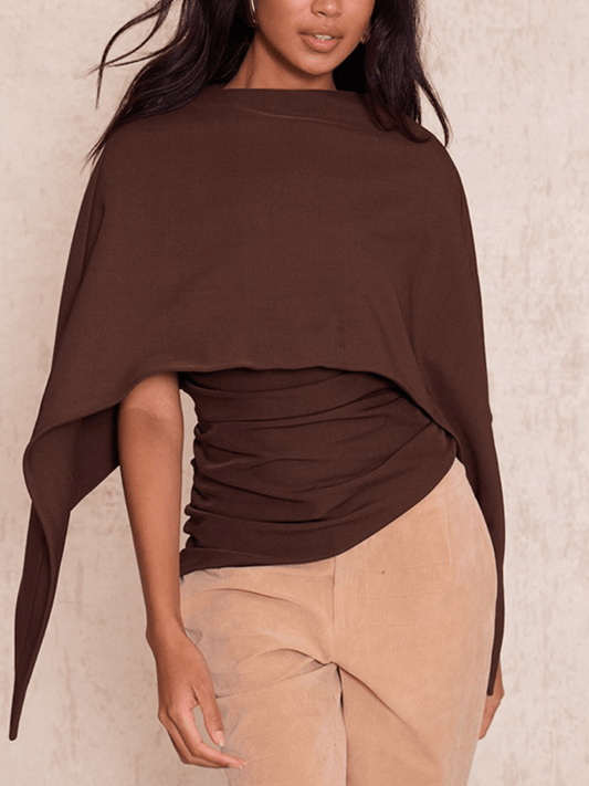 Dark Chocolate Woven Cape Detail Ruched Long Top laseze