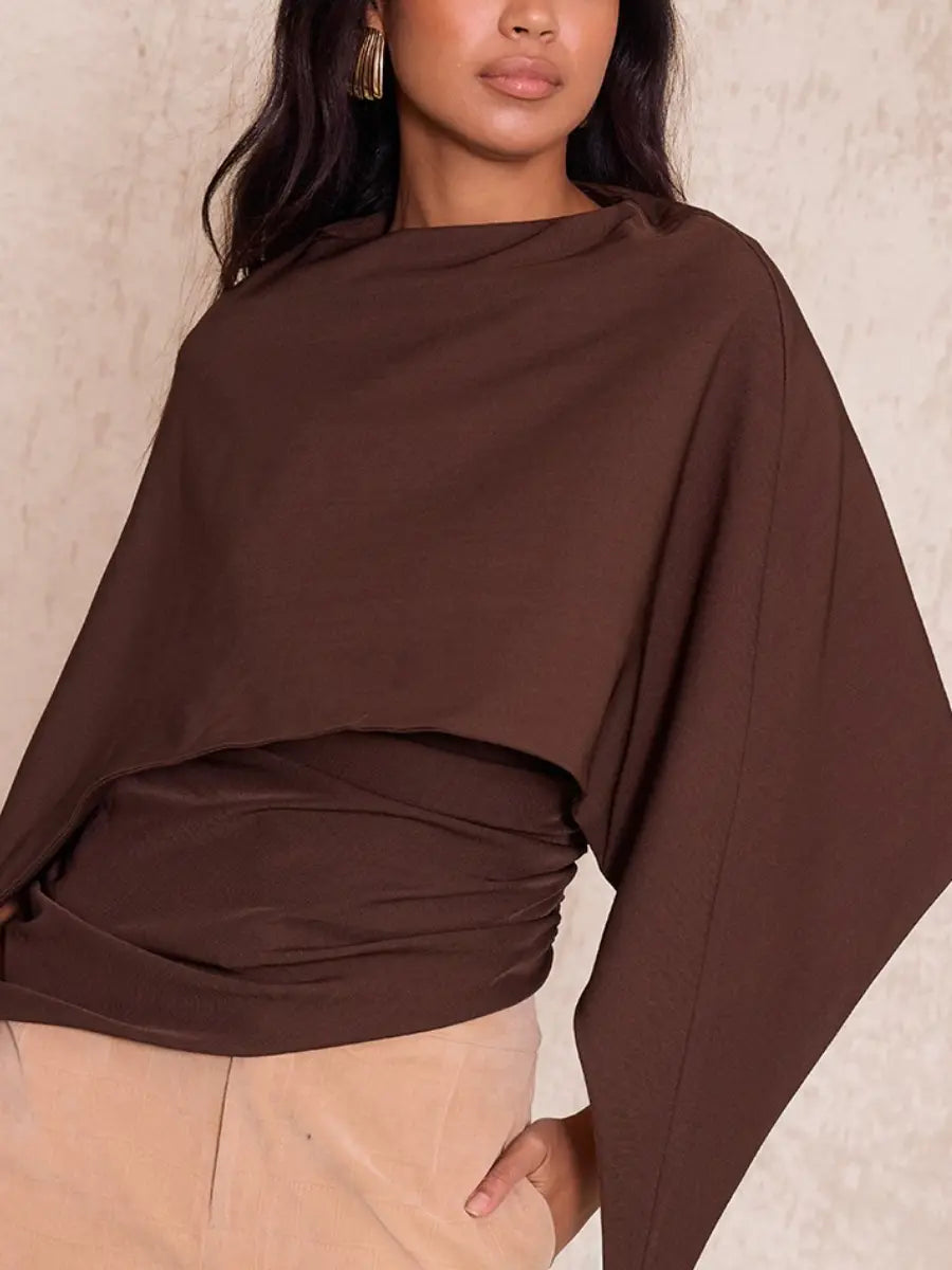 Dark Chocolate Woven Cape Detail Ruched Long Top laseze