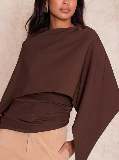 Dark Chocolate Woven Cape Detail Ruched Long Top laseze