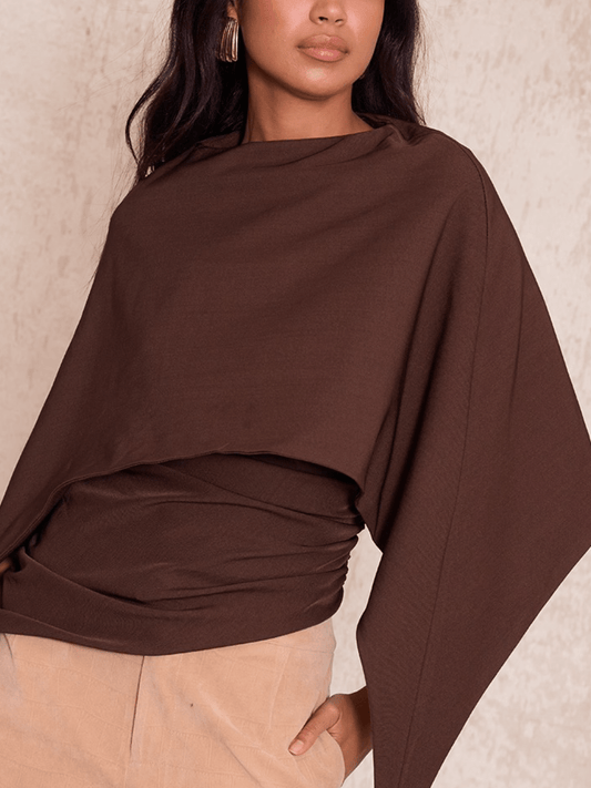 Dark Chocolate Woven Cape Detail Ruched Long Top laseze