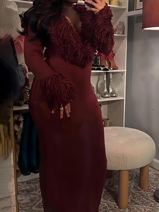 Deep V-Neck Faux Fur Trim Sweater Maxi Dress laseze