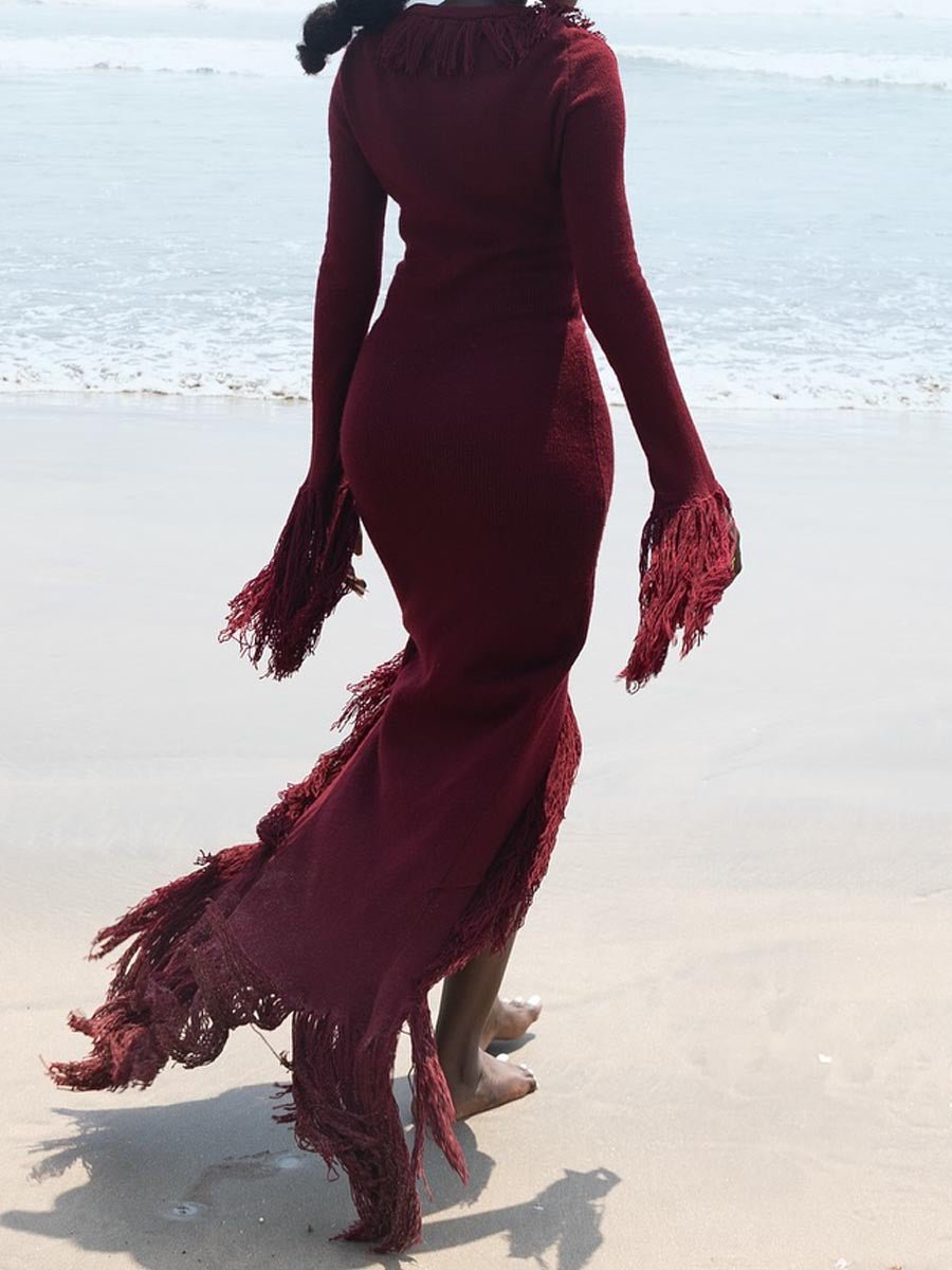 Deep V Neck Fringed Slit Hem Maxi Dress laseze