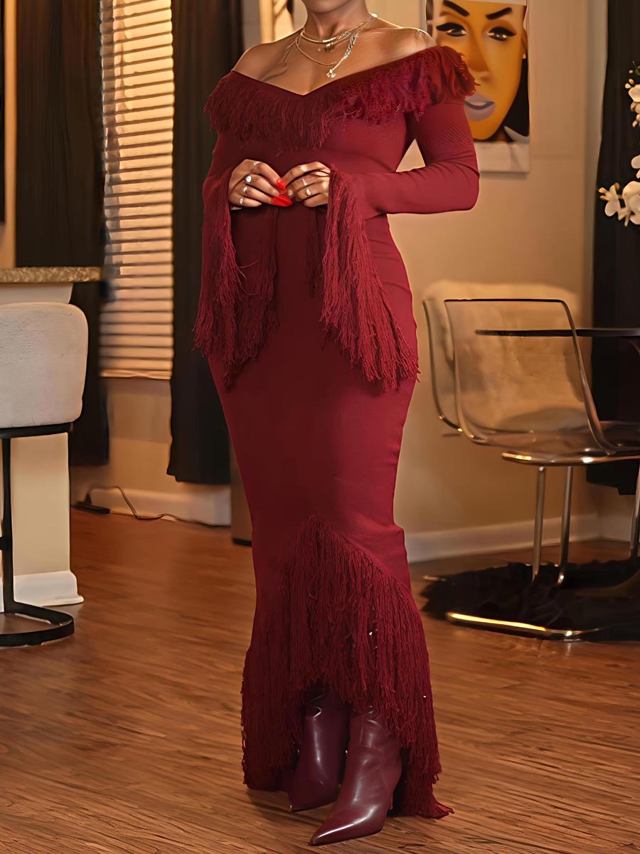 Deep V Neck Fringed Slit Hem Maxi Dress laseze