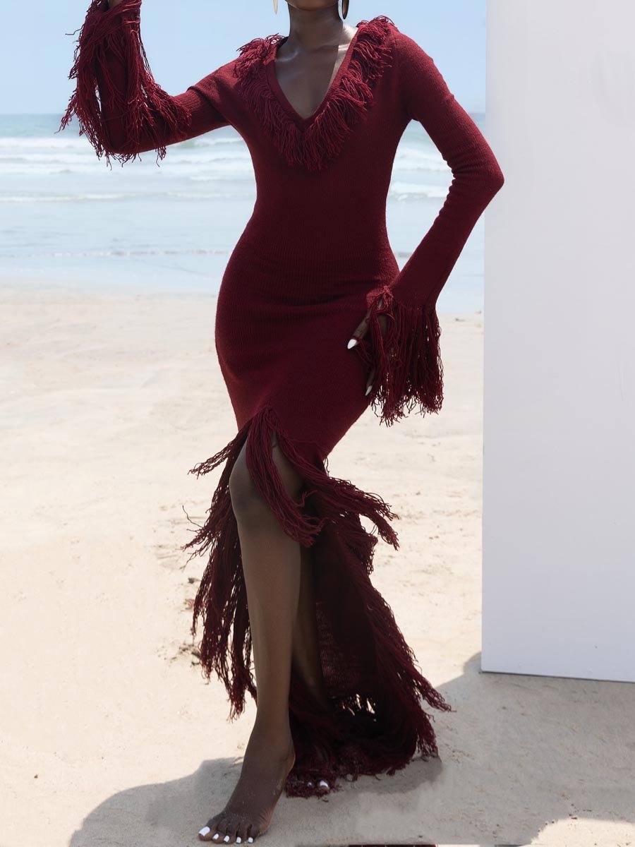 Deep V Neck Fringed Slit Hem Maxi Dress laseze
