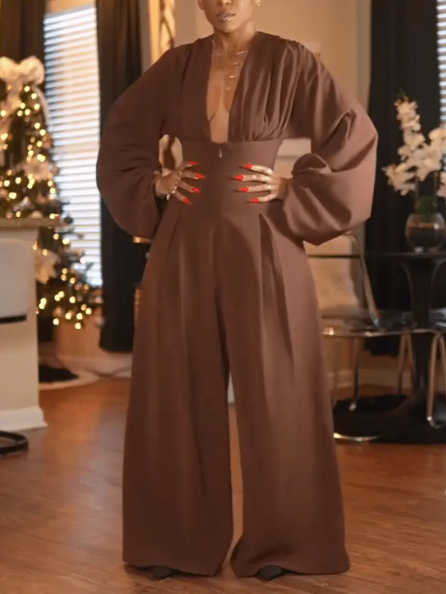 Deep V Neck Oversized Sleeve Wide-Leg Jumpsuit laseze