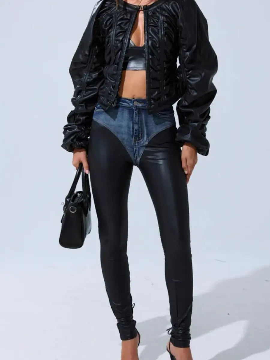 Denim-Inset Faux Leather Contour Skinny Pants laseze