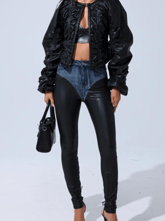 Denim-Inset Faux Leather Contour Skinny Pants laseze