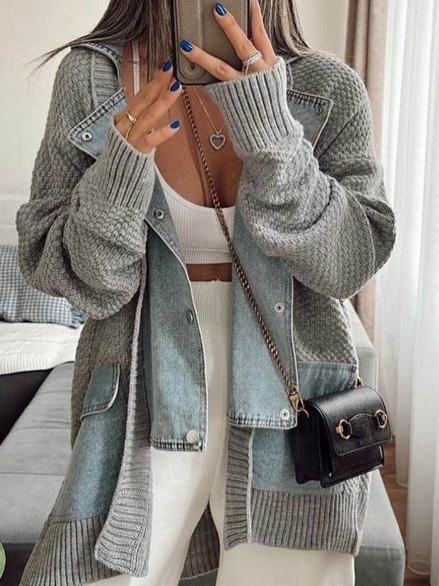 Denim Patchwork Sweater Coat - laseze