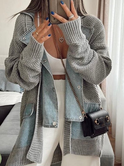 Denim Patchwork Sweater Coat - laseze