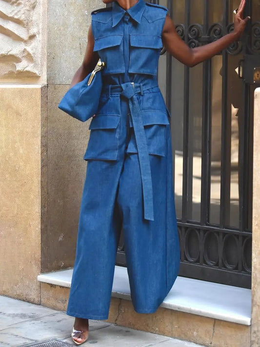 Denim Sleeveless Pockets Jumpsuit - laseze