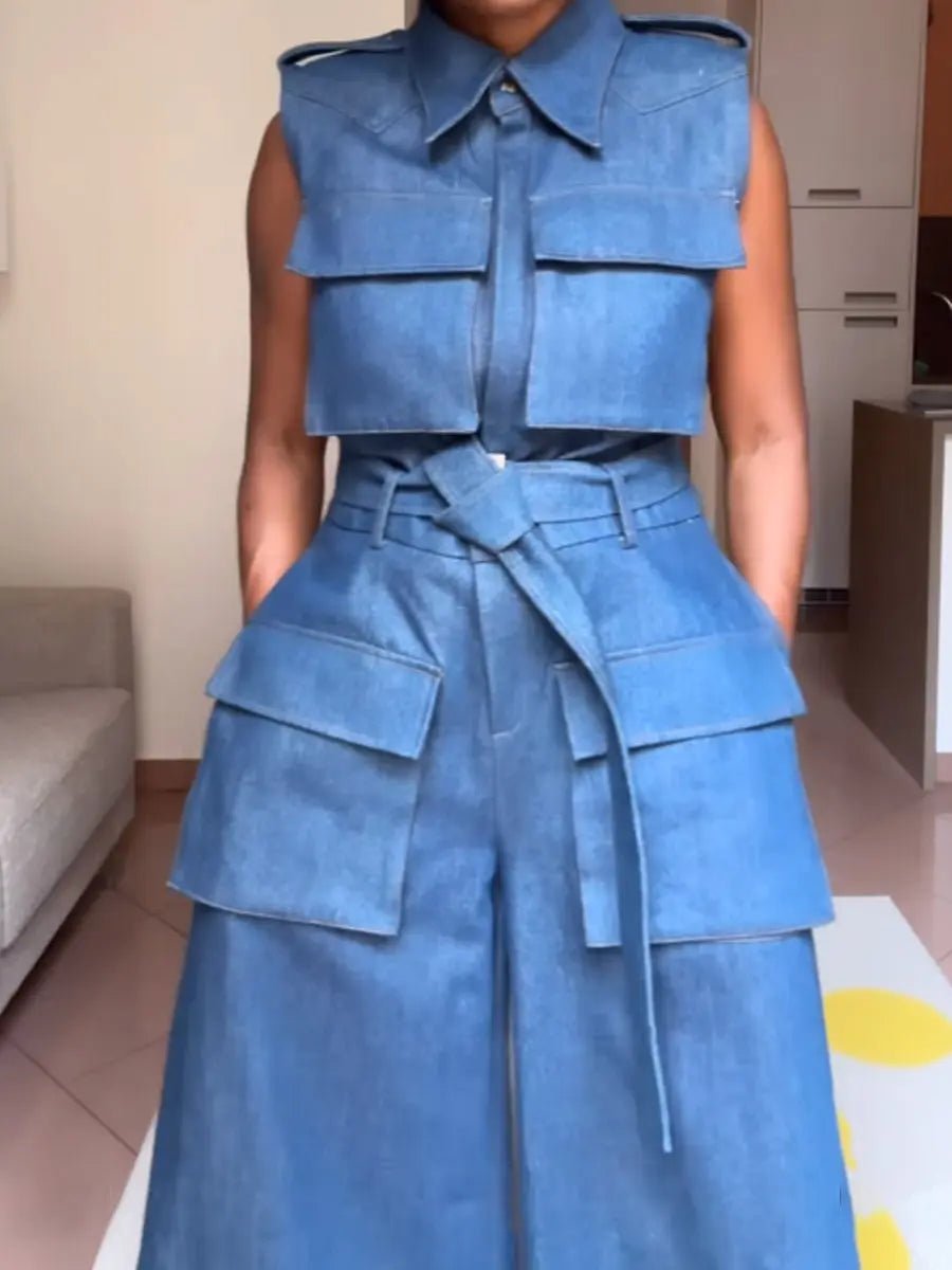 Denim Sleeveless Pockets Jumpsuit - laseze