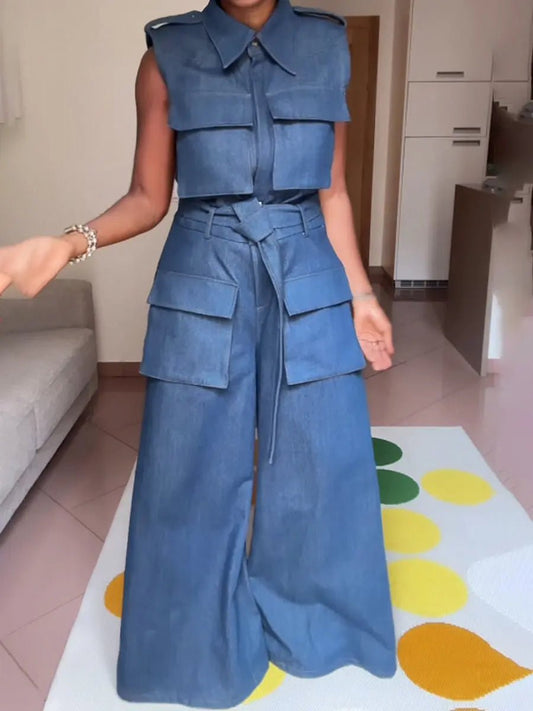 Denim Sleeveless Pockets Jumpsuit - laseze