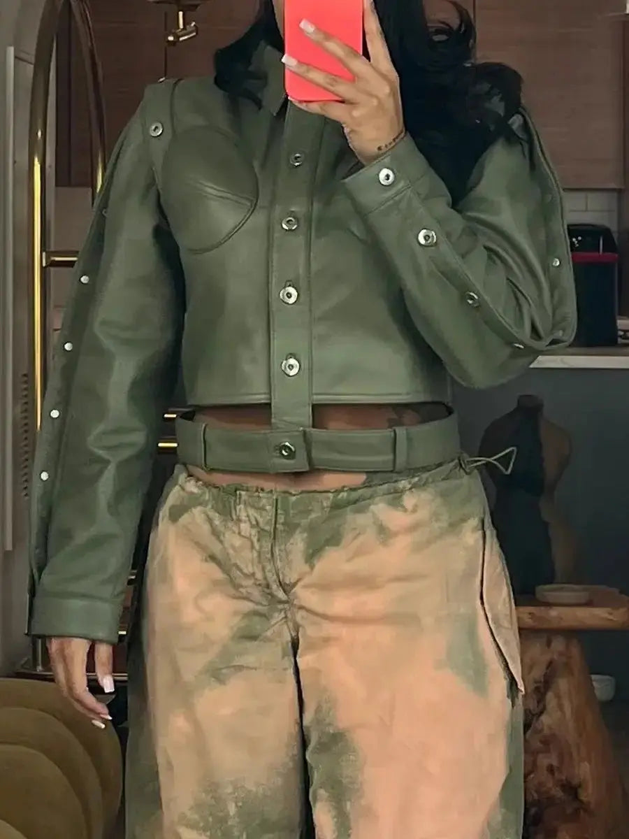 Detachable Belt Buttons PU Jacket - laseze